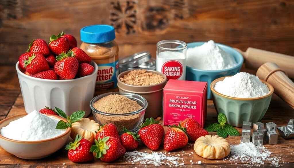 Key ingredients for strawberry kiss cookies Key ingredients for strawberry kiss cookies